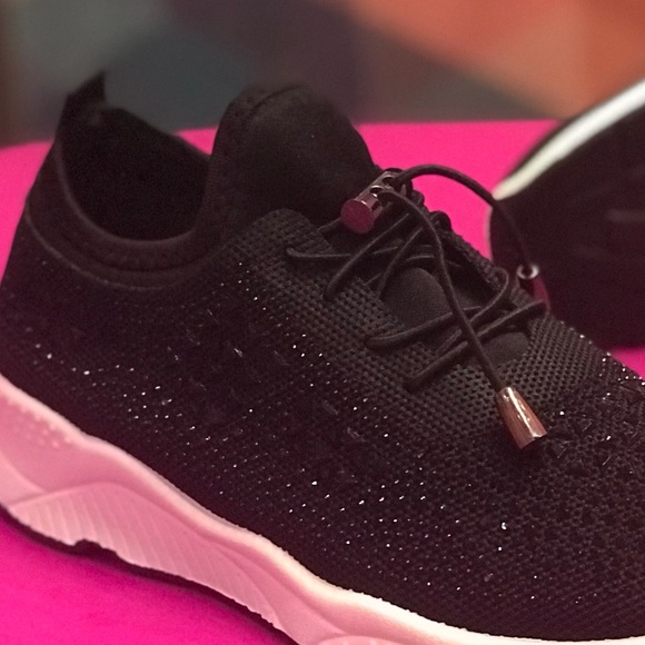 Italina GEMA Toggle Lace Up Black Knit Platform White Bubble Rhinestone Sneakers - Picture 5 of 12